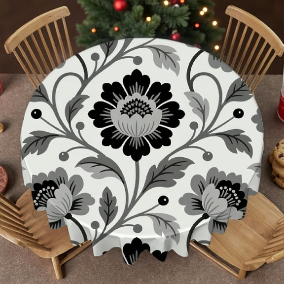 tablecloth round - Black Grey White Dahlia Print, Kitchen Accessories tablecloths for round tables, Cafe, picnic,60x60 Inch