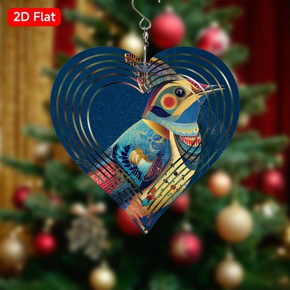 HELLOYOUNG Heart Wind Chime Outdoor, 360° Rotating Bird Spinner with Turquoise Gold Decor, Soothing Garden Balcony Wind Chimes, Unique Christmas Gift