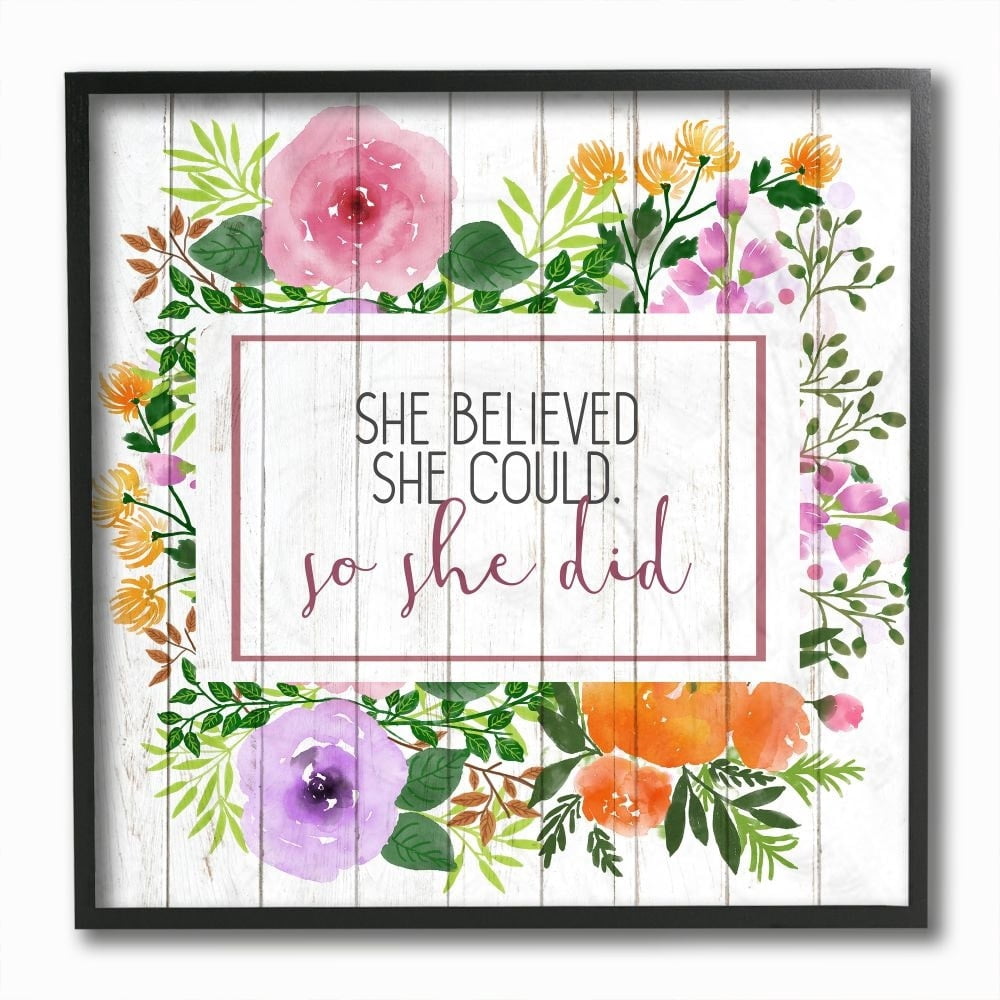Stupell Industries She Believed Flower Wreath Inspiring Word Design Graphic Art Black Framed Art Print Wall Art, 12x12, by Kim Allen