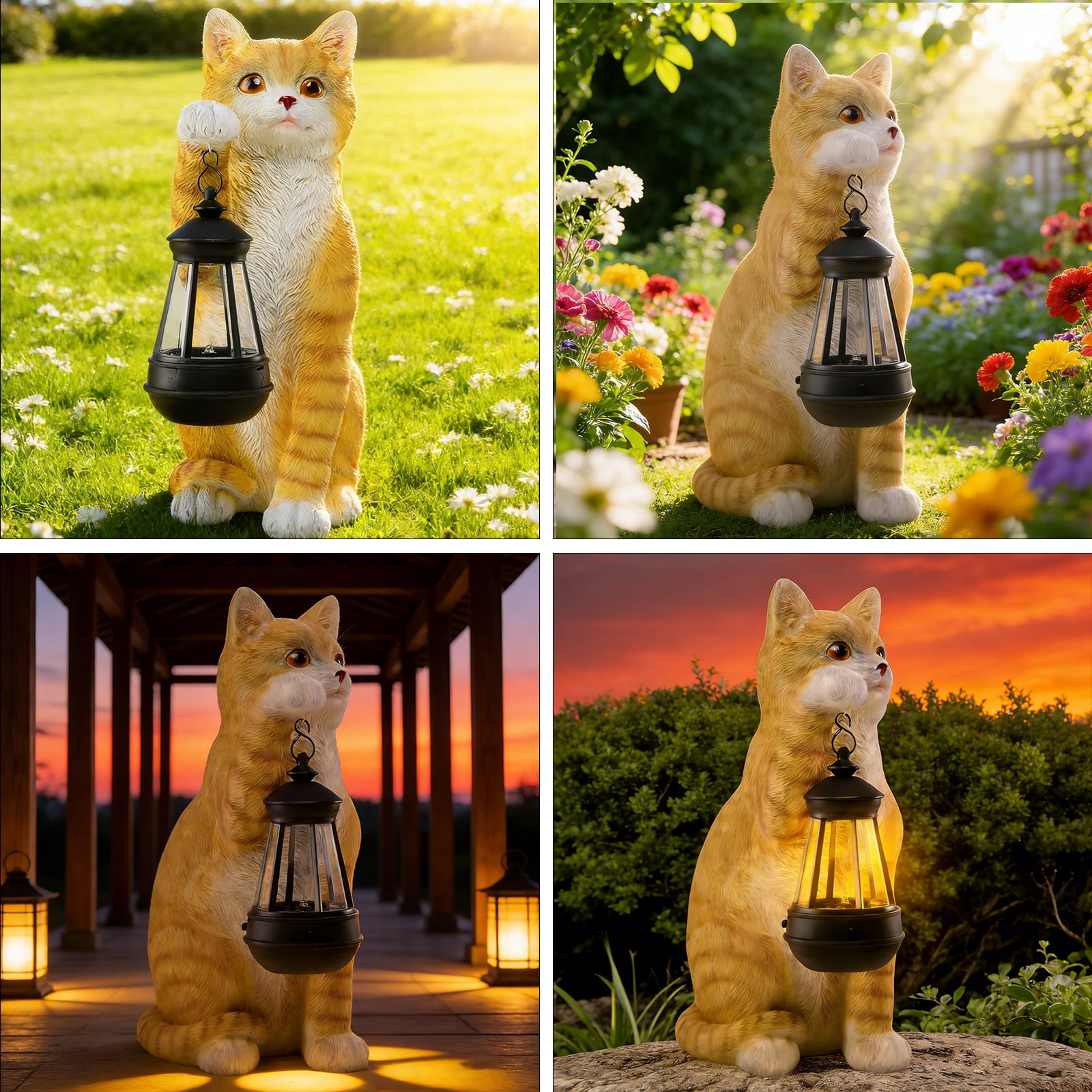 Outdoor Statue,Orange Tabby Cat Garden Statue with Solar Lantern – Lifelike Resin Decor for Patio, Lawn & Outdoor Spaces