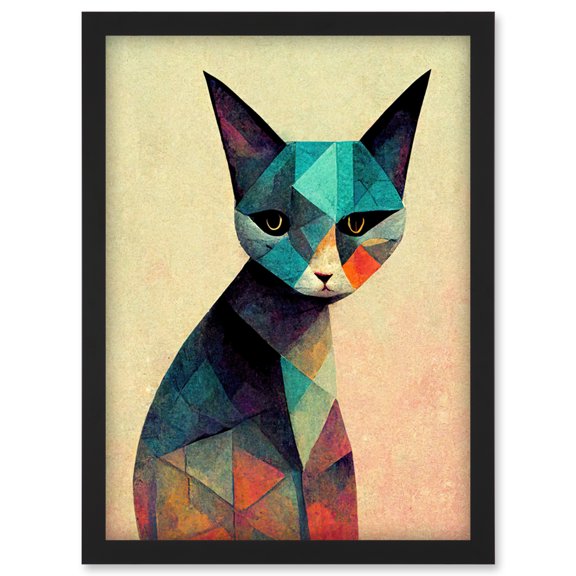 Geometric Cat Pastel Design Fun Artwork Framed Wall Art Print A4