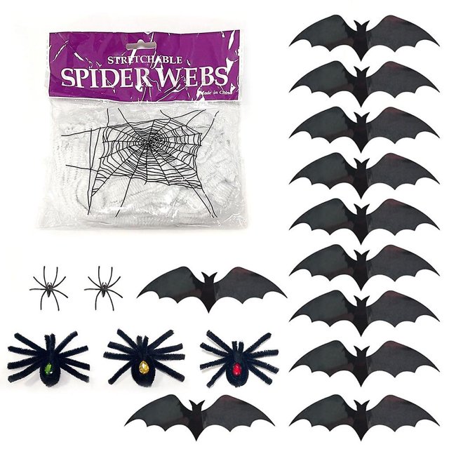 Halloween Spider Web Ornament with Black Spider Simulation Spider Bat