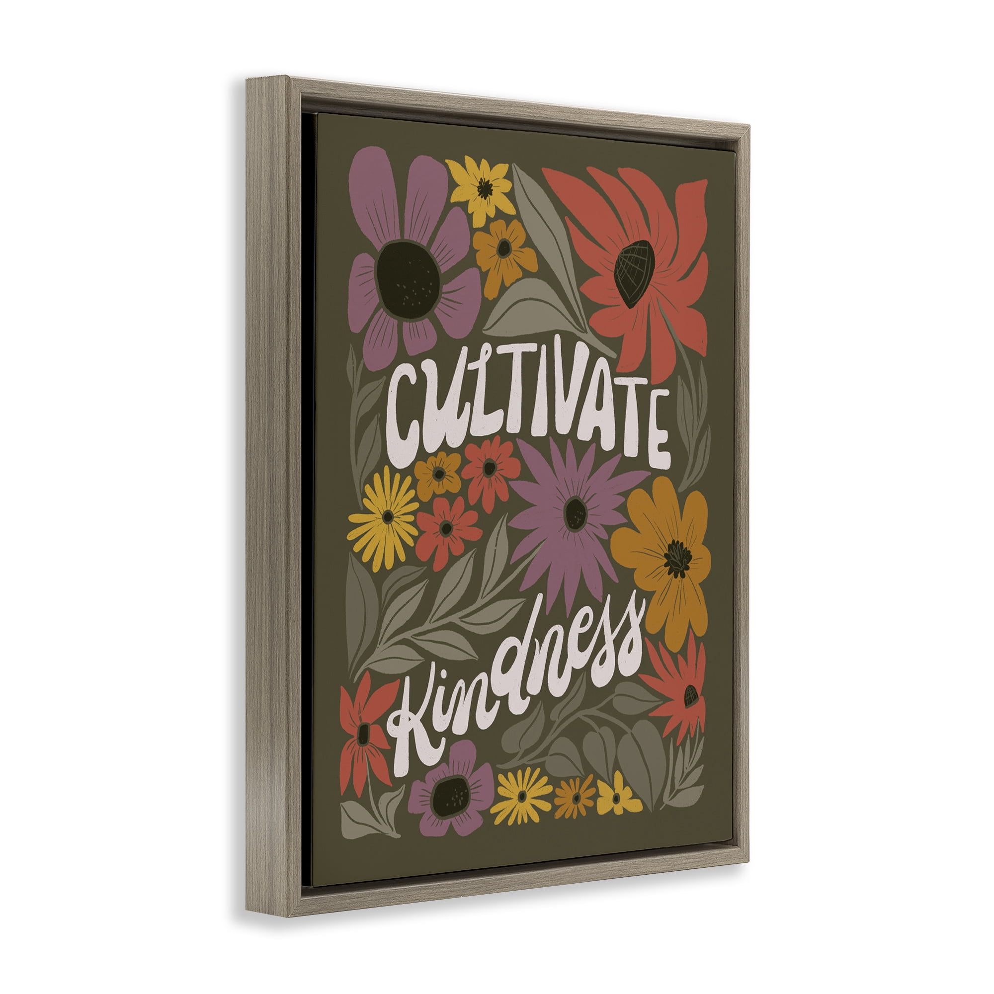 Stupell Industries Groovy Cultivate Kindness Plants & Flowers Painting Brown Floater Framed Canvas Art Print Wall Art, 17 x 21
