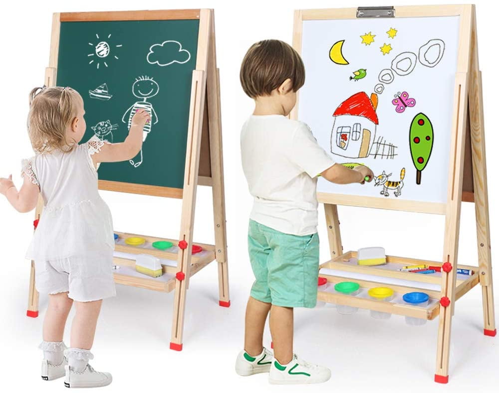 Wooden Easel Double-Sided Magnetic Drawing Board Whiteboard & Chalkboard Multiple-Use Easel with Digital Magnetic Stickers,a Water Pen for Writing Kids Boys Girls 410 Eraser,Chalk 