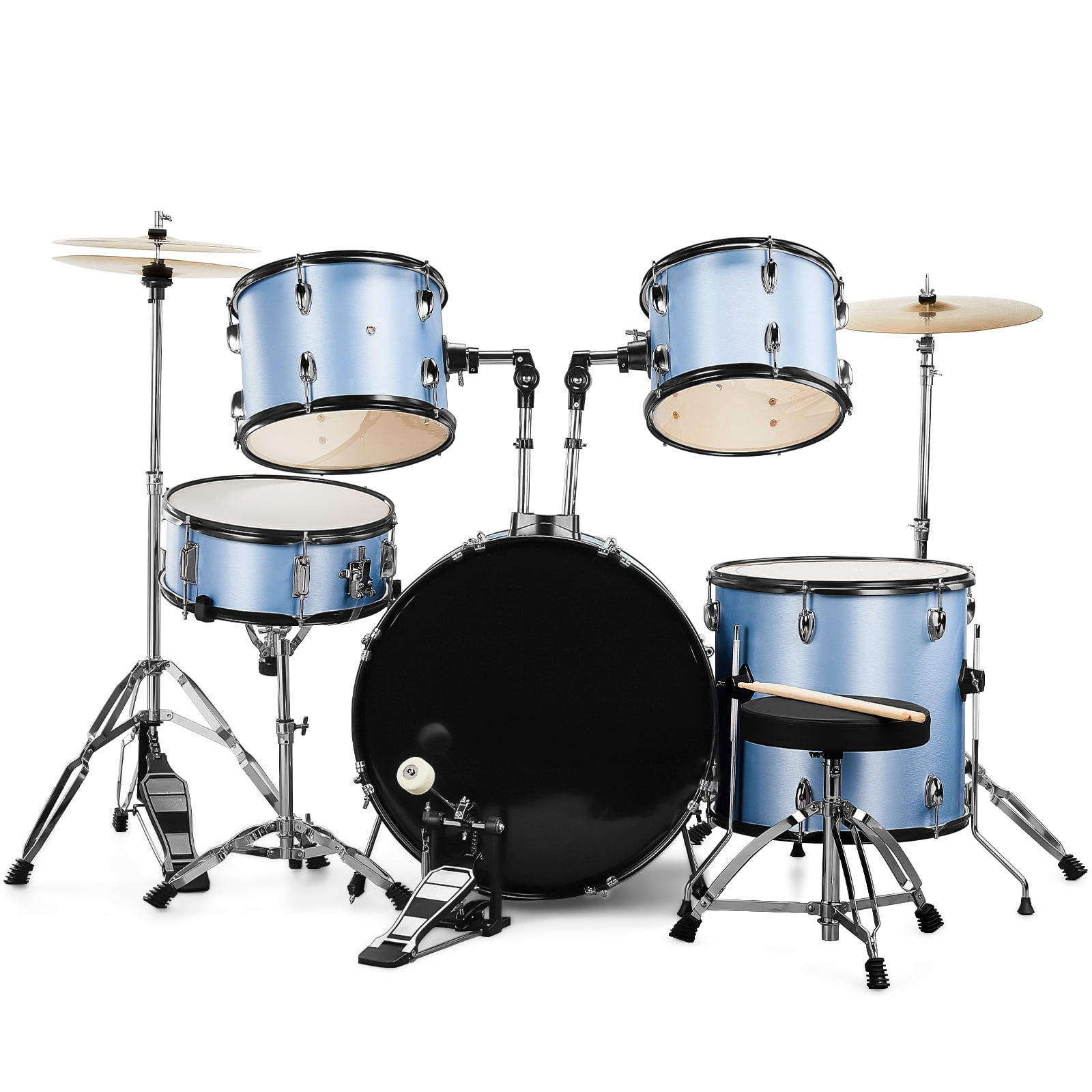 Full Size Adult Drum Set, 5-Piece Blue with Bass Drum, Two Tom Drum, Snare Drum, Floor Tom, 16" Ride Cymbal, 14" Hi-hat Cymbals, Stool, Drum Pedal, Sticks