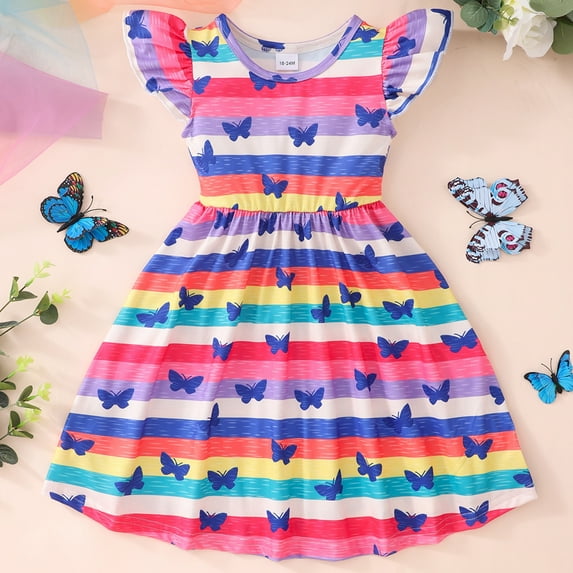 Uccdo 1-8T Toddler Girls Casual Pleated Dresses, Little Girls Summer Cartoon Beach Sundress Fly Sleeve A-Line Dress