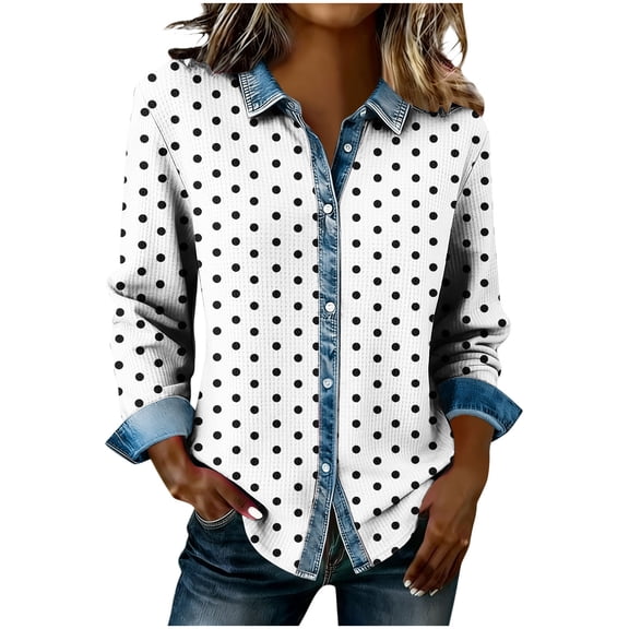 Luvrsol Button Down Shirts for Women Denim Collared Jacket Long Sleeved Blouse with Polka-Dot S-2XL