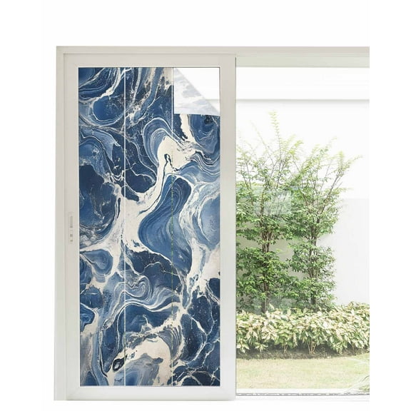 Window Privacy Film Vintage Navy Blue Stained Glass Window Film Decorative Sun Block Window Cover Marble Abstract Art Window Clings Static Adhesive Sticker for Bathroom 35.4"x78.7"