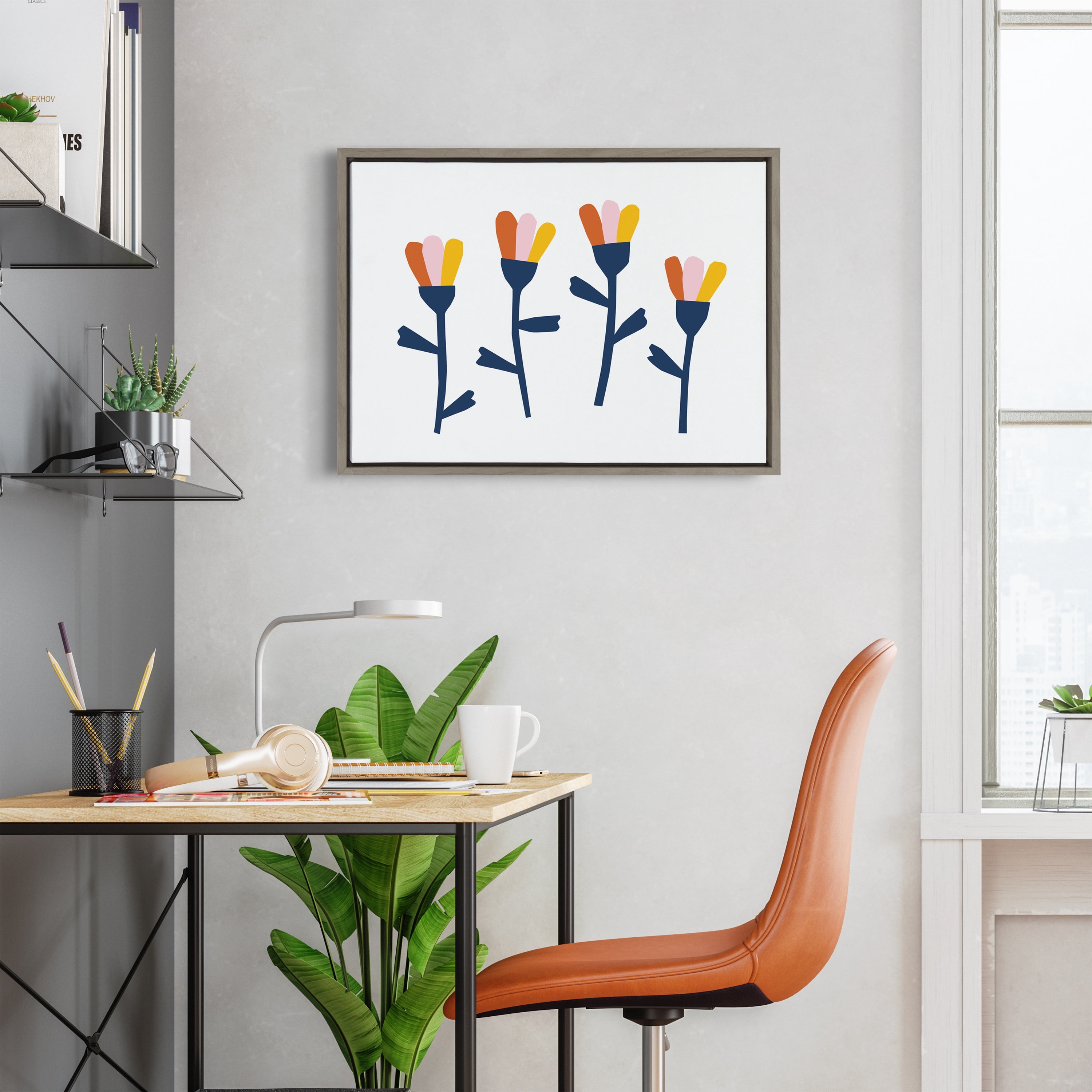 Kate and Laurel Sylvie Little Bloom Framed Canvas Wall Art by Myriam Van Neste, 18x24 Gray, Colorful Floral Art for Wall