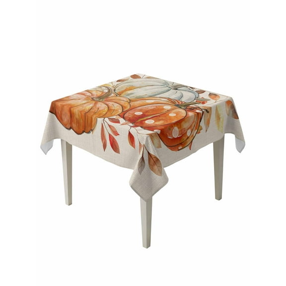 Square Tablecloth 54 x 54 Inches Fall Thanksgiving Watercolor Pumpkin Brown Leaves Linen Waterproof & Stain Resistance Table Cloth Decorative Fabric Table Cover for Dinning/Party/Buffet/Banquet