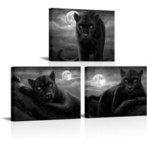 Hieng Panther Canvas Wall Art Black and White Animal and Full Moon Painting Picture Print Wildlife Leopard Artwork for Living Room Bedroom Office Decor Unframed