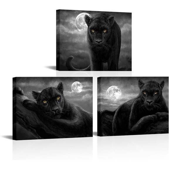 Hieng Panther Canvas Wall Art Black and White Animal and Full Moon Painting Picture Print Wildlife Leopard Artwork for Living Room Bedroom Office Decor Unframed