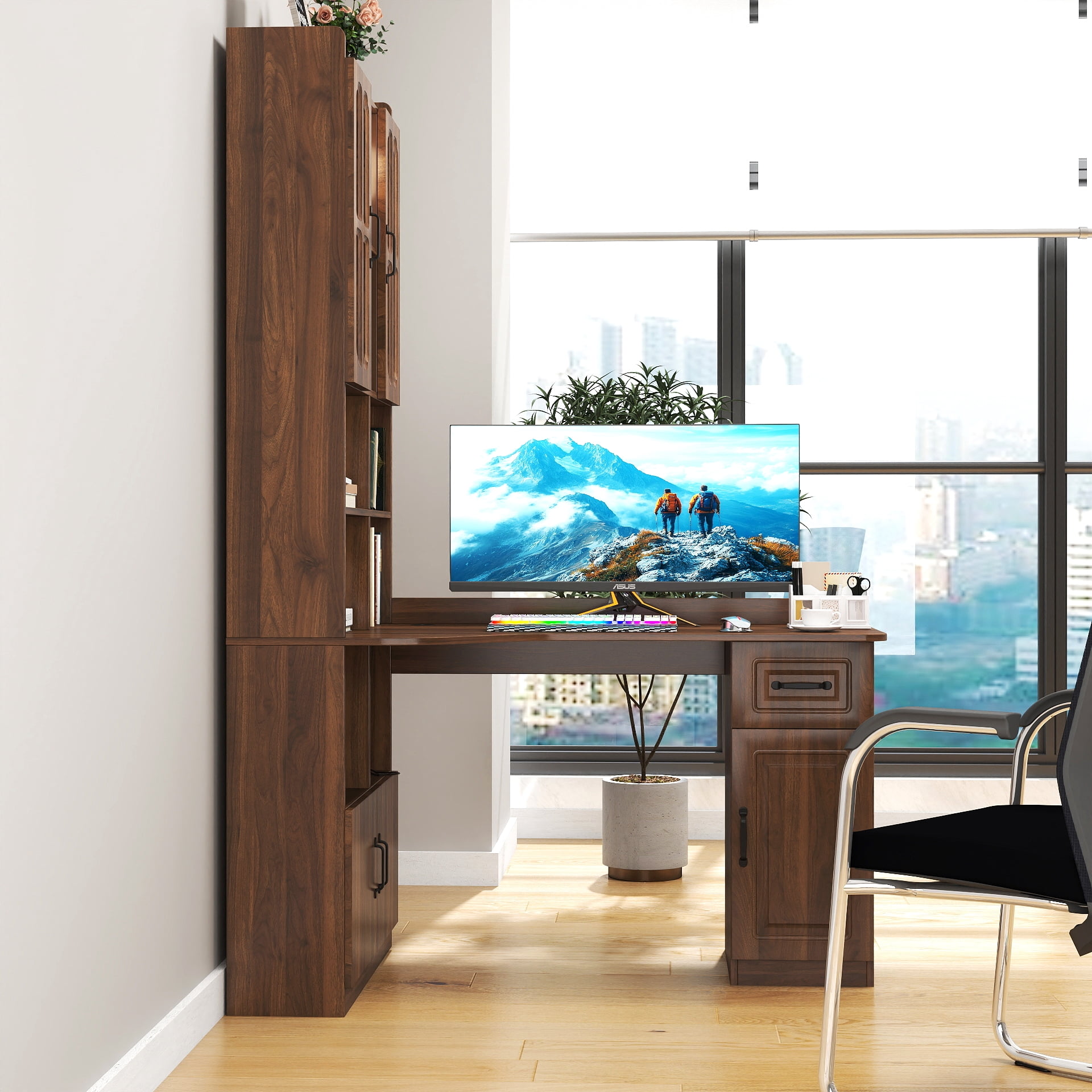 Euroco L-Shaped Corner Computer Desk for Home Office or Study desk, Study Modern Style Table with Drawers, Bookshelf & Hutch, 2-in-1 L-Shaped Design, Large Working Space