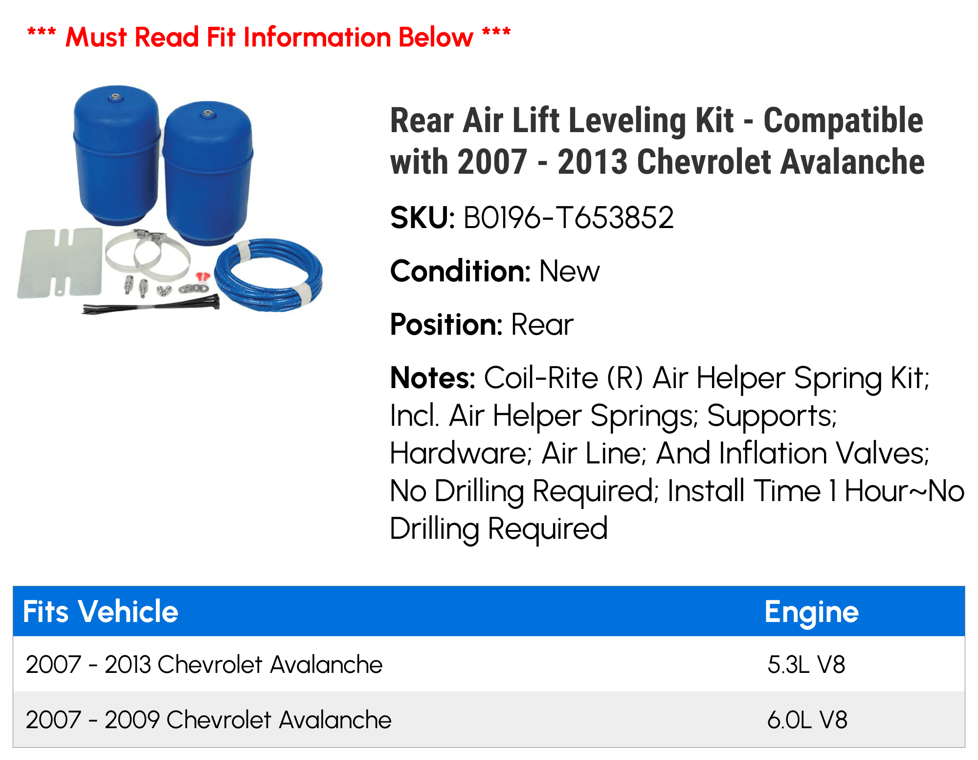 Rear Air Lift Leveling Kit - Compatible with 2007 - 2013 Chevy Avalanche 2008 2009 2010 2011 2012