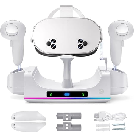 RGB Charging Dock for Oculus/Meta Quest 3S VR Headset and Controller Fast Charger Base Wall Mount Charging Stand for Meta Quest 3S Accessories with 2 Rechergeable Dual-Use