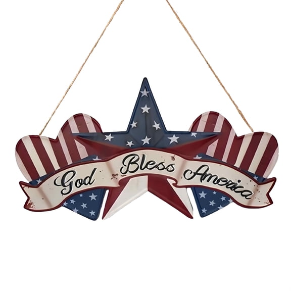 17.7 Inch Patriotic Wooden Door Hanger, God Bless America Star & Stripes Wall Plaque, 4th of July Independence Day Decor for Front Door Porch