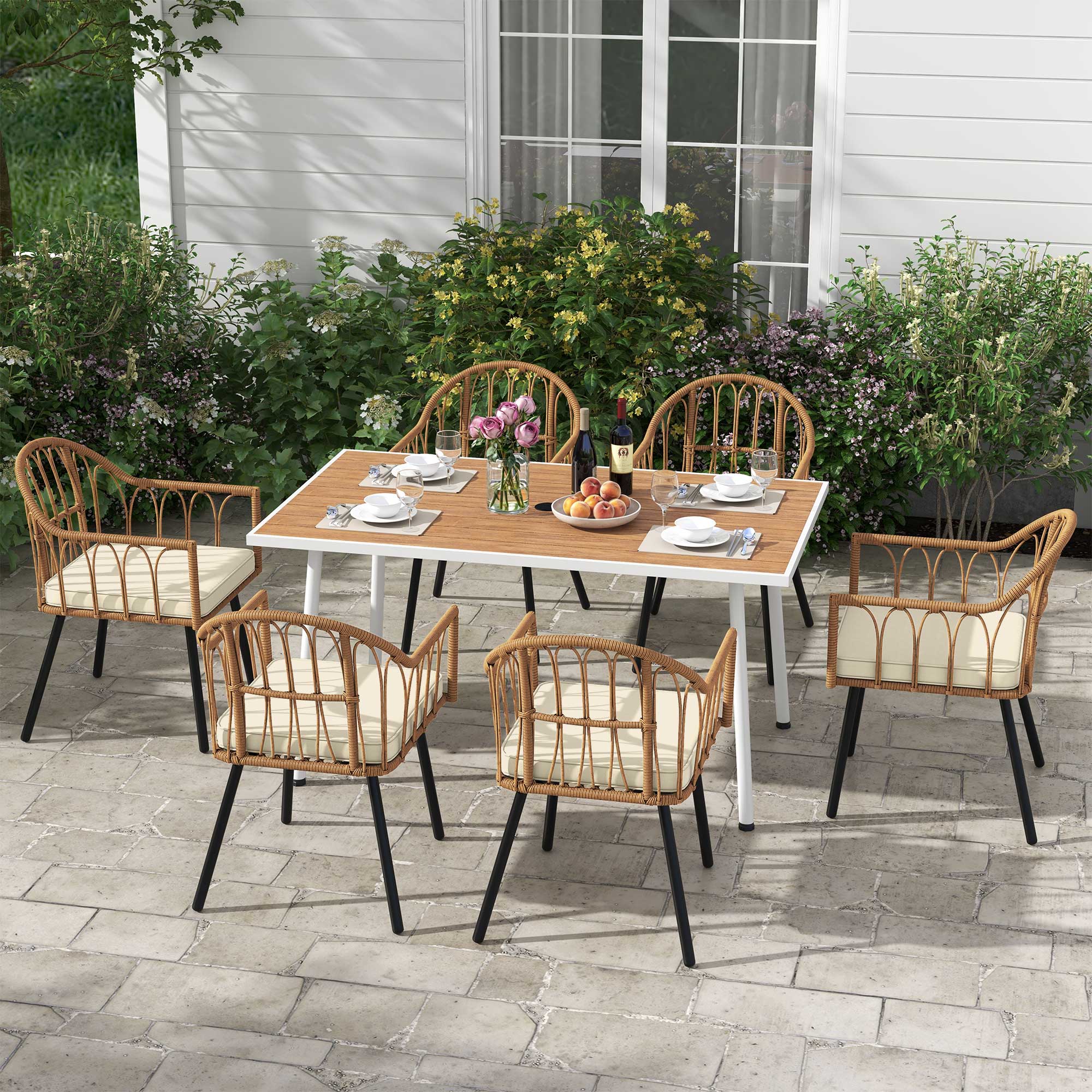 Uforic 7 Pieces Outdoor Patio Dining Table Set, 6 Rattan Wicker Dining Chair and Rectangular Dining Table with Umbrella Hole for Garden, Lawn,Patios, Backyard