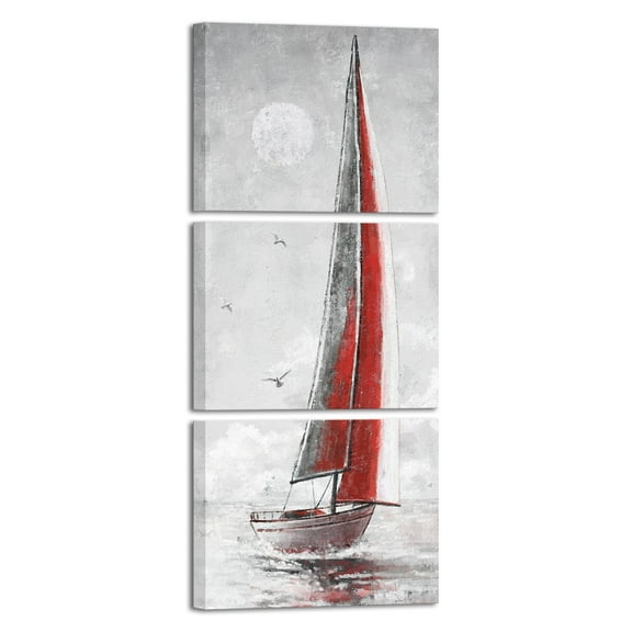 Sea Sailboat Canvas Wall Art Abstract Ocean Pictures Nautical White Sailboats Painting Prints Seascape Artwork Large Wall Decorations for Living Room Bedroom Home Office（Red）