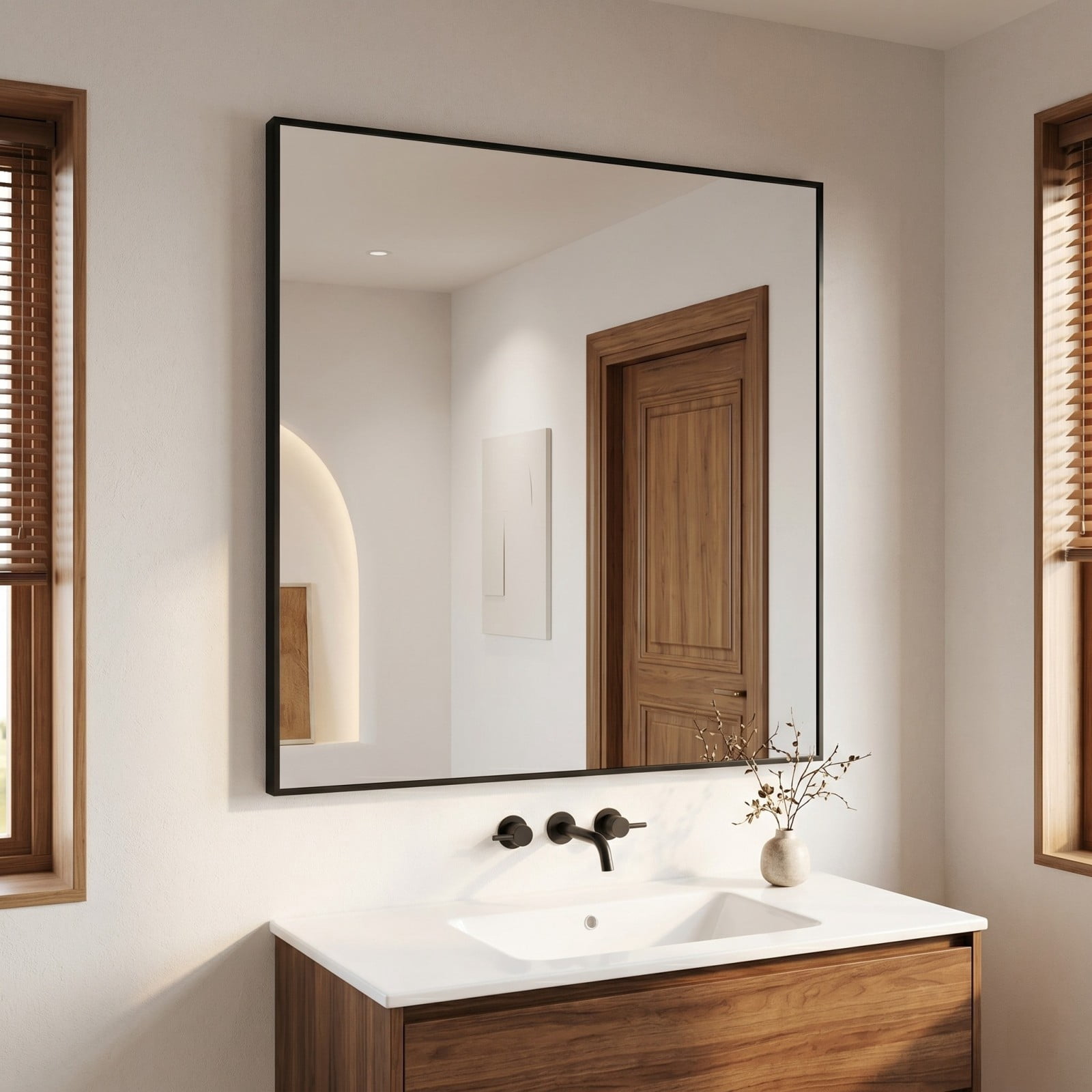 Gleamira 42"x42" Rectangular Bathroom Mirror Wall Mounted Mirror with Metal Frame, Black