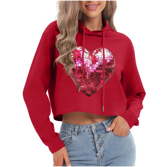 Xdegoge Heart Long Sleeve Sweatshirts for Women Cropped Hoodie with Sequin Heart Print Valentine's Day Sweatshirt