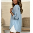 thumbnail image 4 of WHLBF Blouse for Women Lace Sleeve Round Neck Casual Solid Color Loose Linen Top Light Blue XXL, 4 of 5