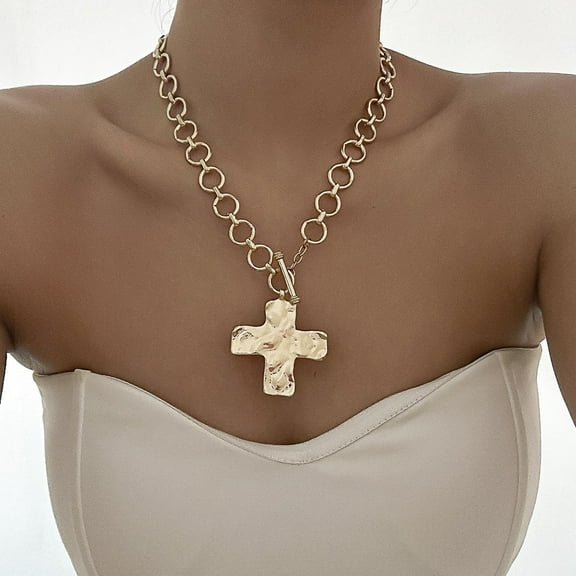 Chunky Gold Cross Necklace For Women Hammered Bold Cross Necklace Statement Pendant Necklace Jewelry[o7261]