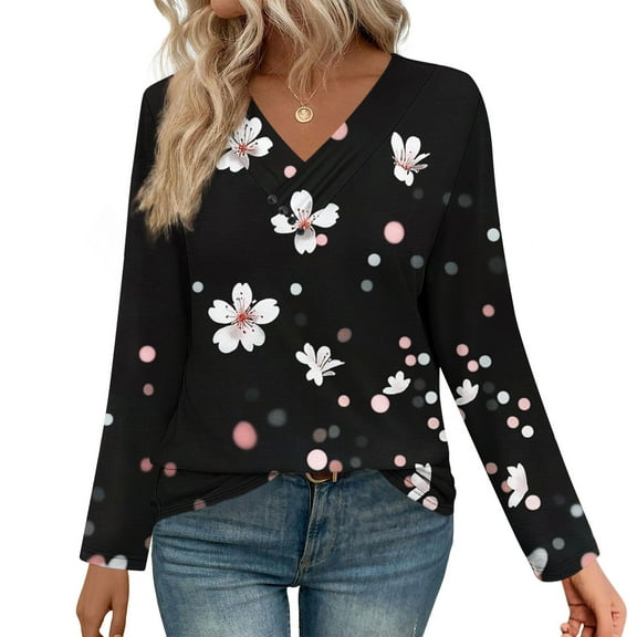 Craaazy Women's Fashion Printed Fall Gifts Tunics Long Sleeve Tops V Neck Shirts Loose Casual Blouses with Decor Button