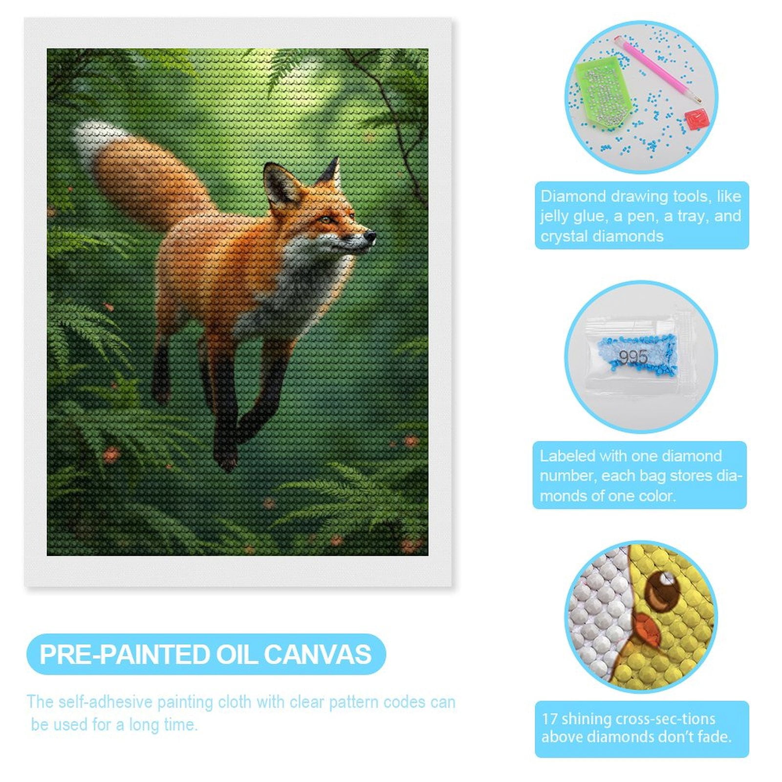 Diamond Art Kits for Adults, Fox In Lush Green Forest 5D Diamond Painting Kits for Adults Beginners, DIY Full Drill Diamond Painting, Gem Art and Crafts 12x16