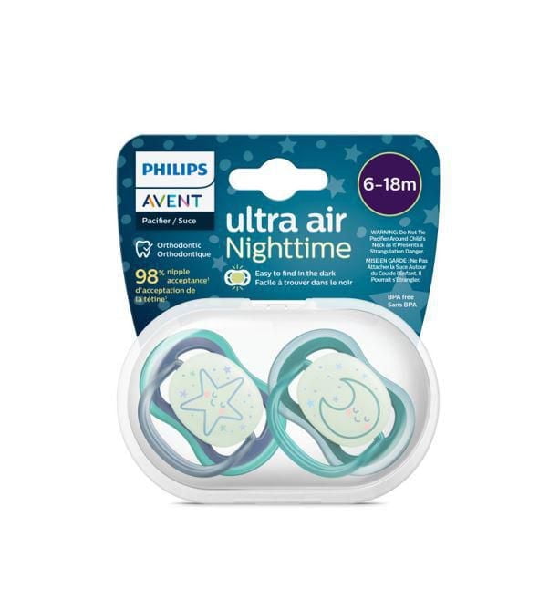 Philips Avent Ultra Air Pacifier 6-18m, sleeping star / sleeping moon, nighttime, 2 pack SCF376/13, Avent Ultra Air Pacifier 6-18m nighttime 2pk