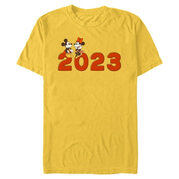 Disney Mickey & Minnie Chat 2023 100th Anniversary New Year - Short Sleeve Blended T-Shirt for Adults - Customized-Yellow