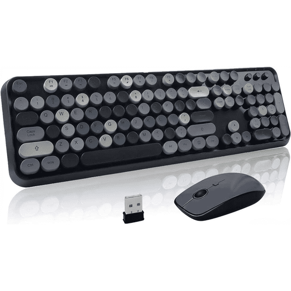 Wireless Keyboard and Mouse Combo with Retro Round Keys and Number Pad Black Grey