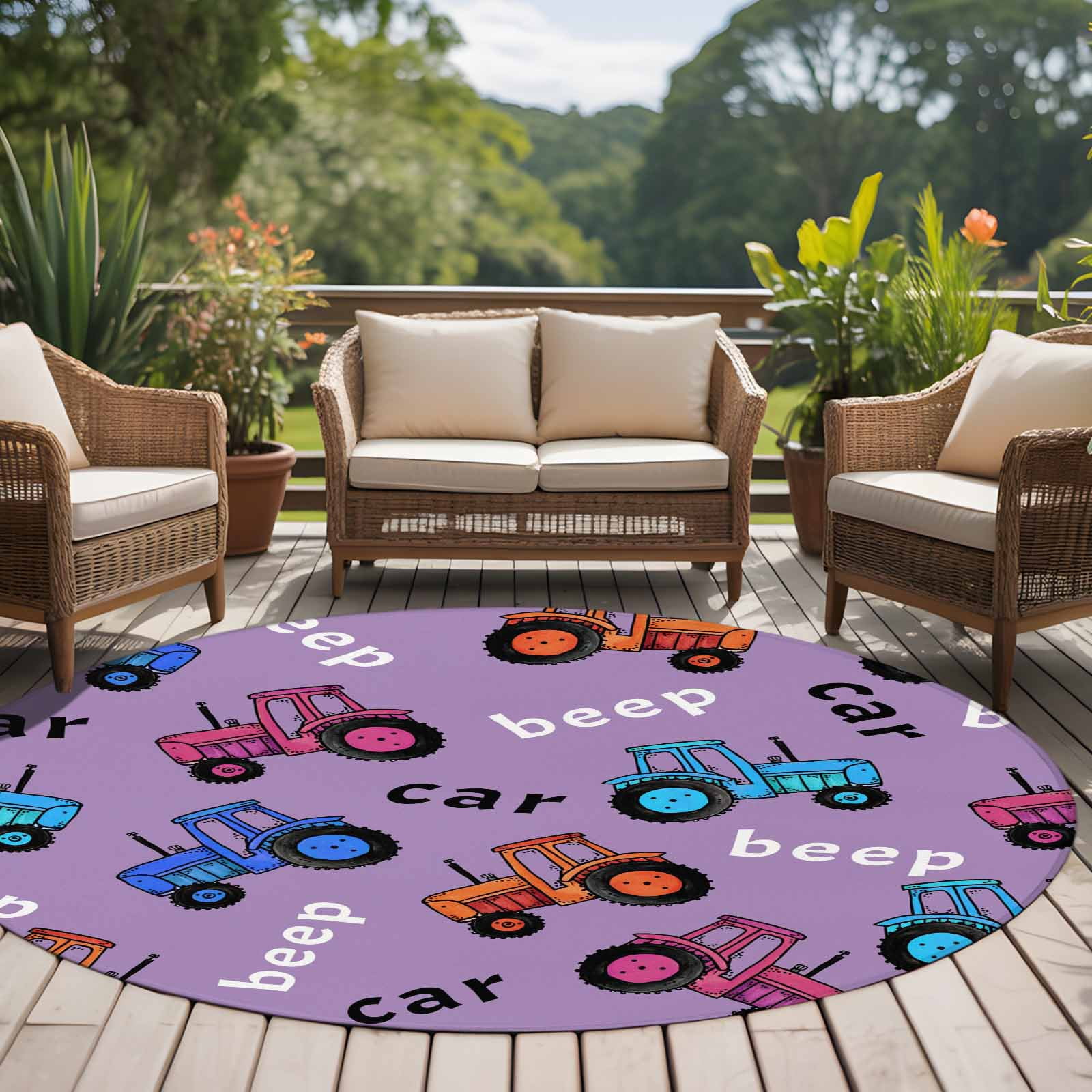 Cartoon Tractor Round Area Rug 8Ft Washable Large Circle Rugs for Living Room Dorm, Cute Beep Car Digger Shovel Truck Light Purple Non-Slip Carpet Floor Mats Indoor Outdoor Carpet Runner Home Decor