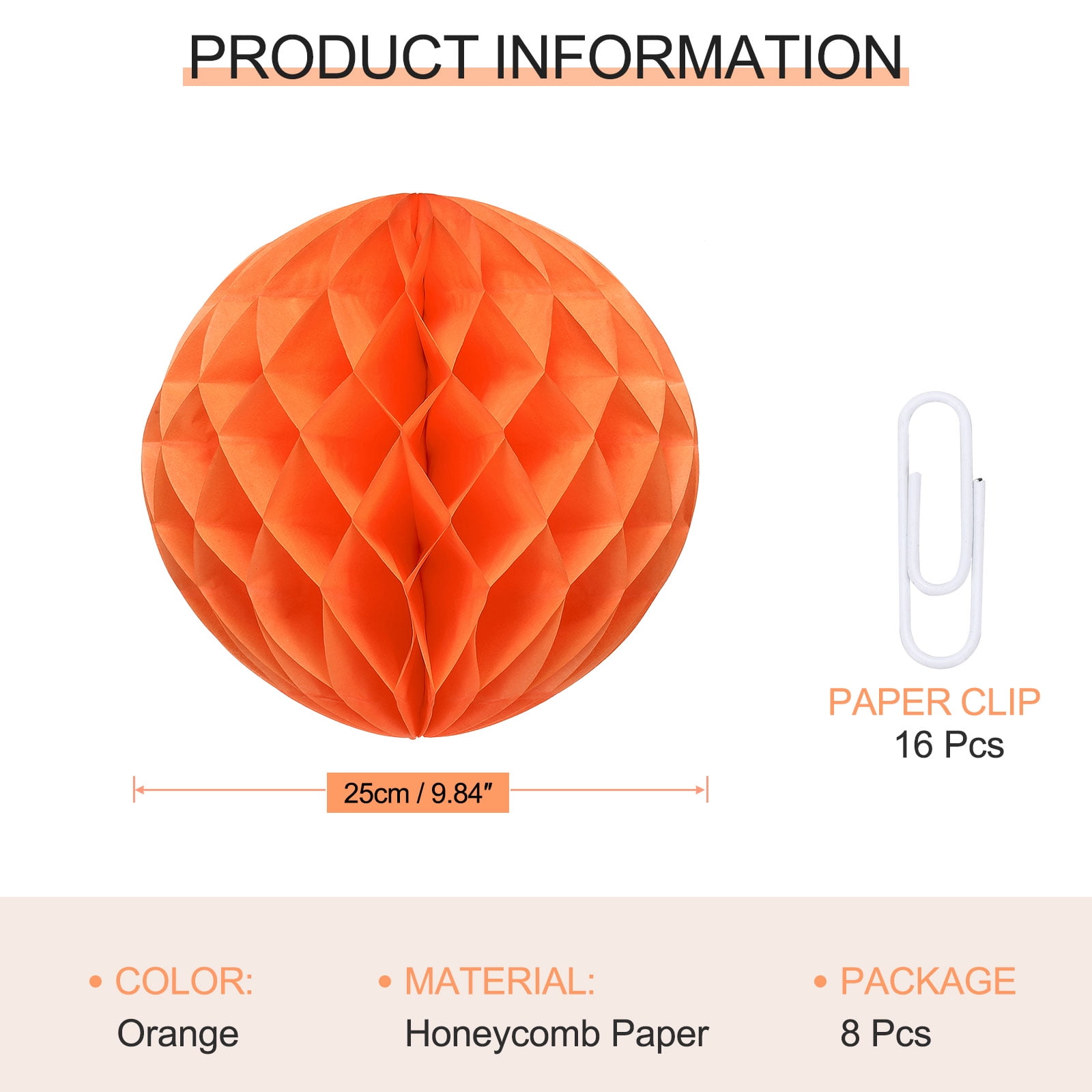 Uxcell 8 Pcs Honeycomb Balls, 10" Dia Honeycomb Flower Paper Pom Poms Paper Flowers Crafts for DIY Crafting Home Decor Birthday Christmas Party, Orange