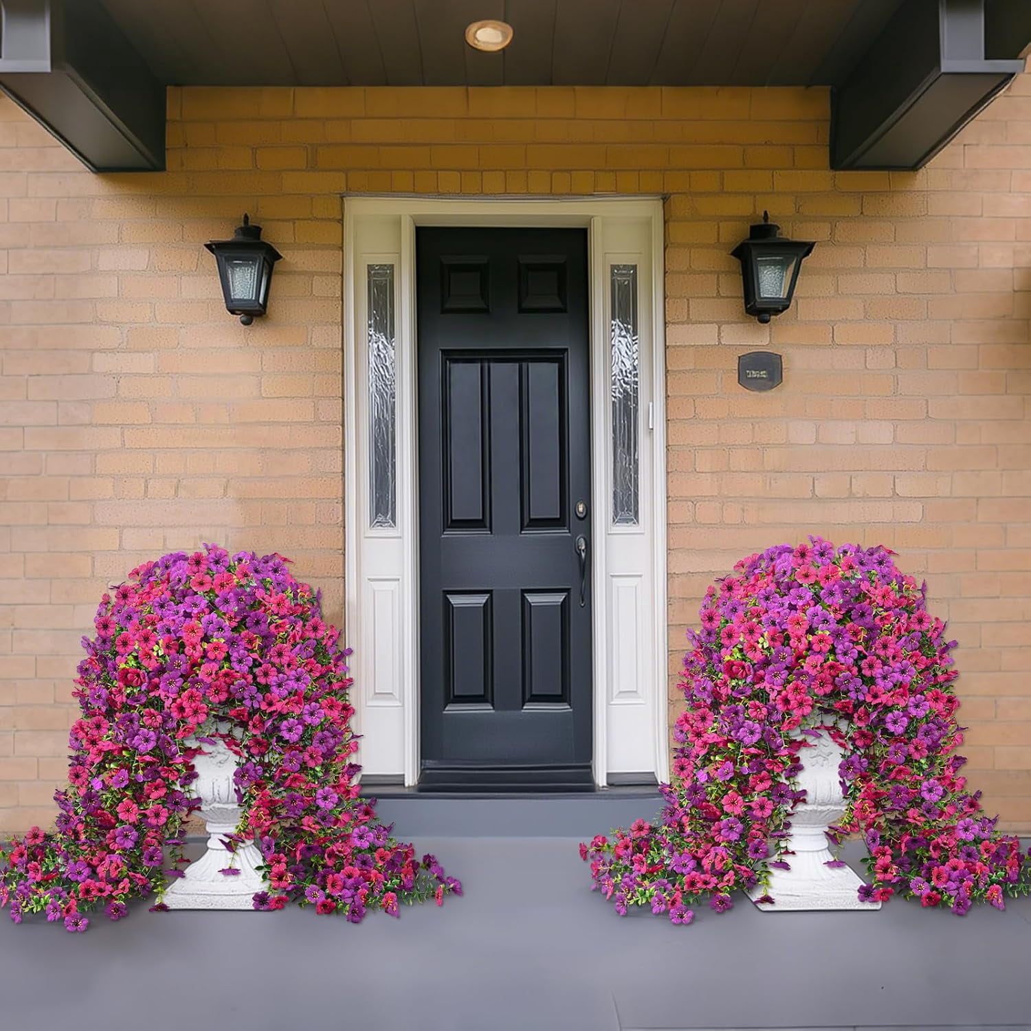 Waipfaru Artificial Hanging Flowers for Outdoors Spring Summer Decoration,2 Pcs UV Resistant Faux Silk Violet Fake Flowers for Garden Porch Window Home Decor(Purple&Rose Red)