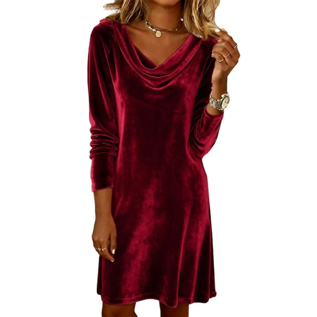 Robe en Velours à Manches Longues, Mini Bodycon à Col Montant Uni, Robe d'Automne et d'Hiver pour Soirée, Fête de Noël et Occasion Spéciale