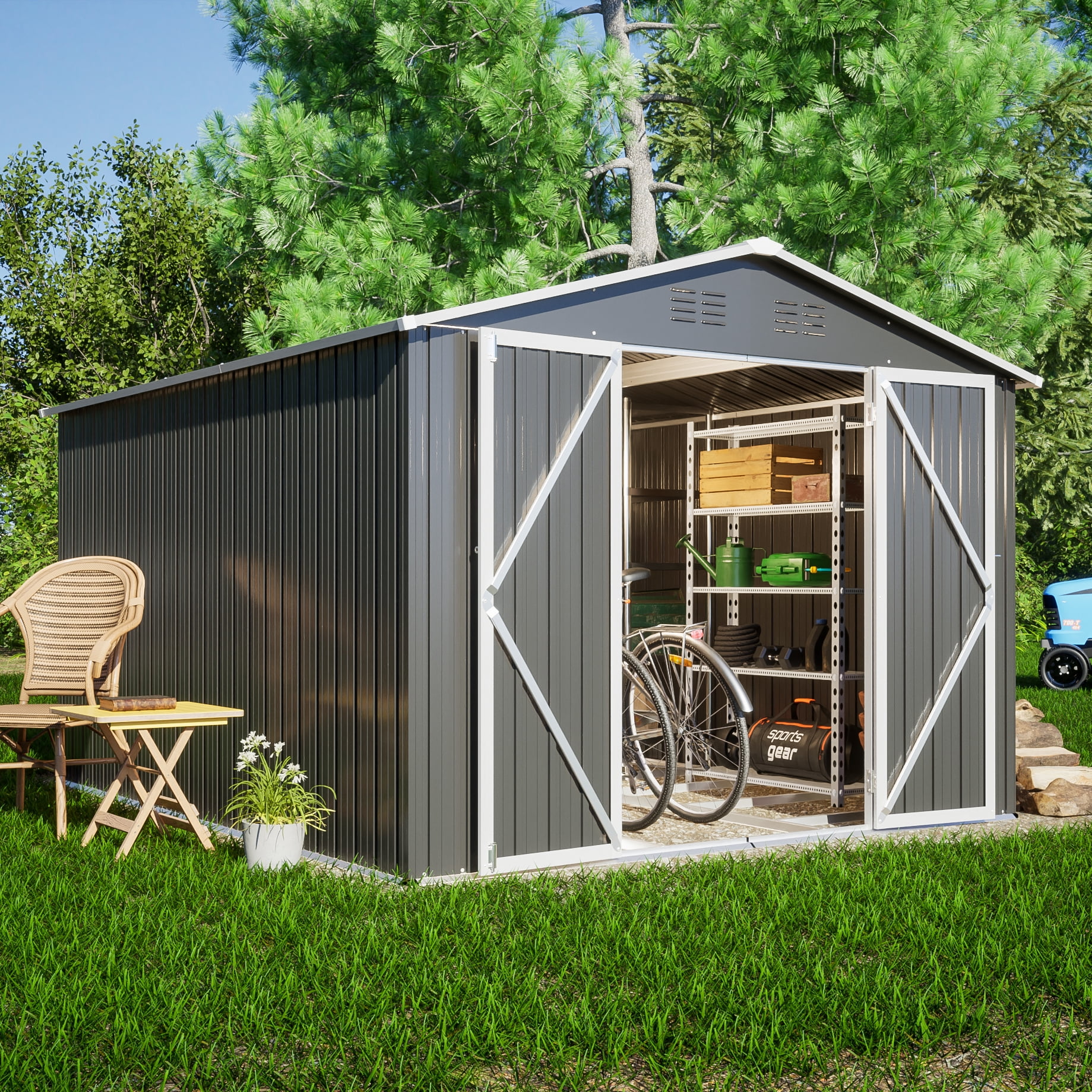 LZBEITEM 8'x10' Outdoor Metal Storage Shed, Galvanized Steel Garden