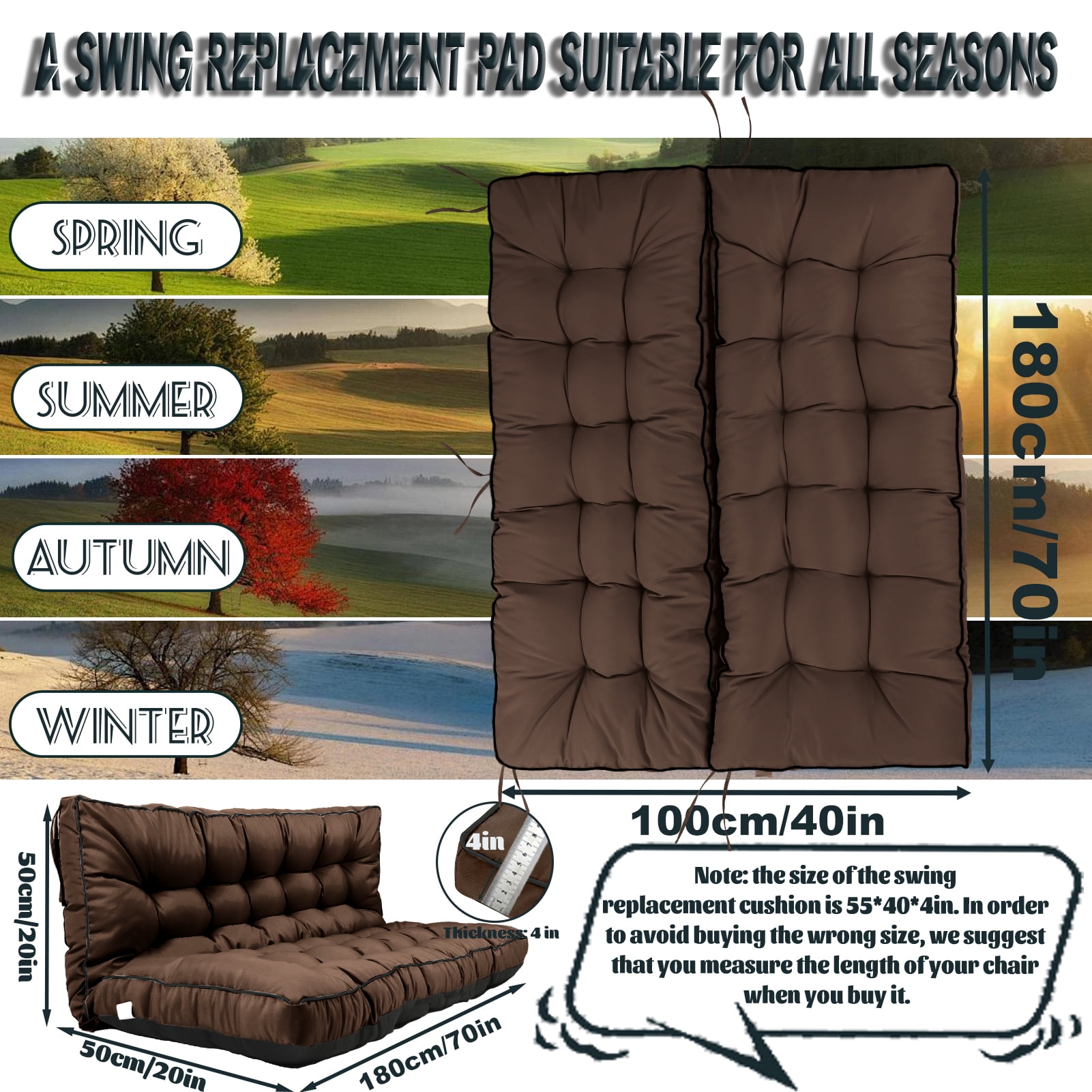 Replacement Cushions for Outdoor Swing, Swing Replacement Cushions Thicken 4" with Backrest, Waterproof Bench Cushions for Patio Furniture Porch Swing Cushions (Brown)