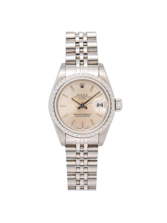 Pre-Owned Rolex Date 26MM 69240 Silver Dial Engine Turned Bezel Stainless Steel Jubilee Bracelet