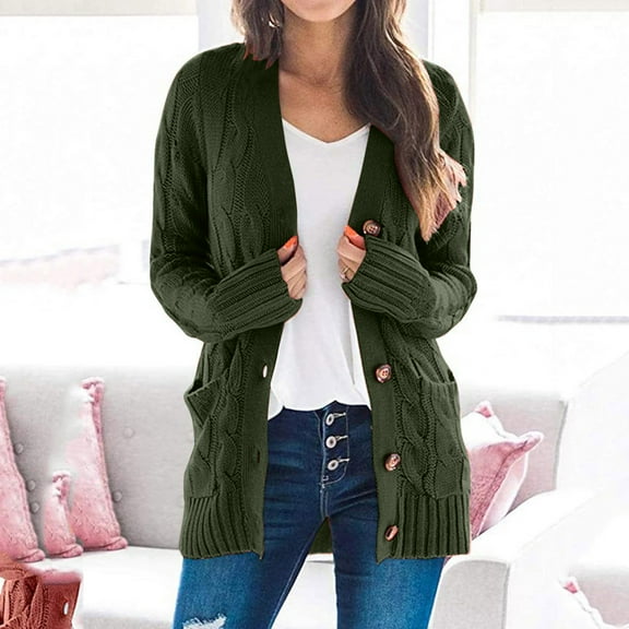 FAOWME Womens Cardigan With Pocket Long Sleeve Knit Open Front Boho Solid Color Buttons Comfortable Slim Fit Sweater Coat For Casual Daily Wear,Army Green,L