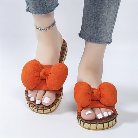 

Aayomet Funny Slippers Women s T-Strap Beaded Flower Rhinestone Flat Sandals Dress Beach Shoes Orange 7