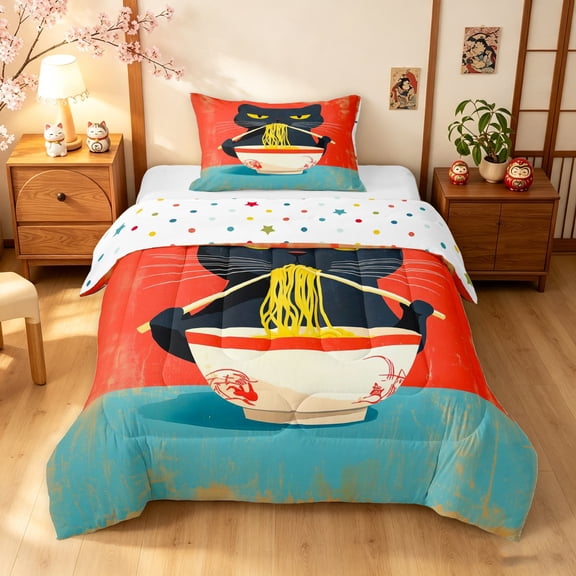 Manfei Retro Cat Twin Comforter Sets, Japanese Ramen Kitten Bedding Set, Red Teal, Polkadot Reversible, 2-Piece, 1 Comforter and 1 Pillowcase