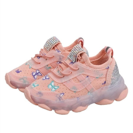 

LoyisViDion Toddler Shoes Clearance Children Kid Baby Girls Shoes Butterfly Crystal Led Luminous Sport Run Sneakers Shoes Pink 2-2.5Years