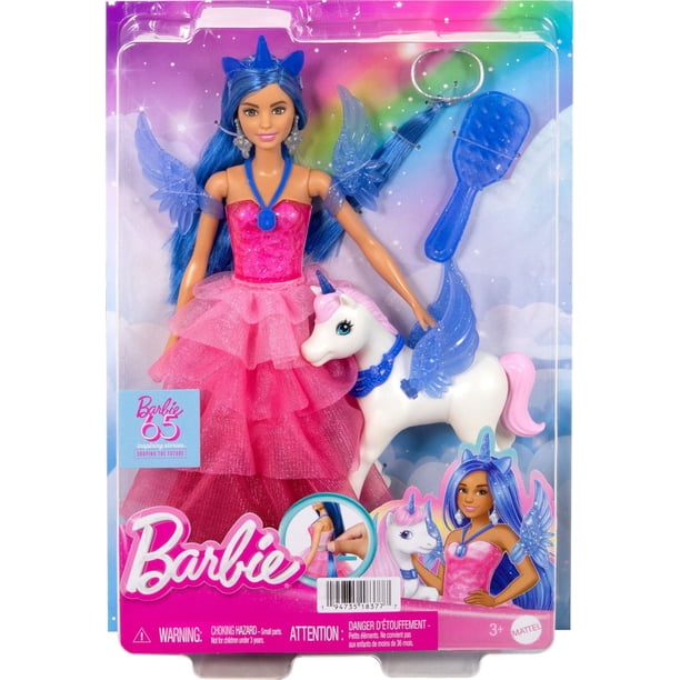 Barbie Unicorn Toy, 65th Anniversary Doll with Blue Hair, Pink