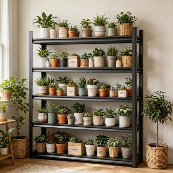 Courtyard Green Plant Stand, 54"H Heavy-Duty Metal Flower Stand, 4-Tier Adjustable Flower Storage Rack, 3000lb Reinforced Plant Stand, Ideal for Outdoor Courtyard, Terrace & Home Black 20"W*14"D*54"H