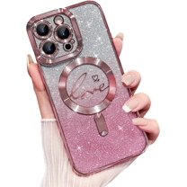 Magnetic Case for iPhone 15 Pro Max Case,Compatible with MagSafe,Luxury Glitter Plating Heart Camera Protection Shockproof Rubber Soft Protective Case for Women Girls (Pink)