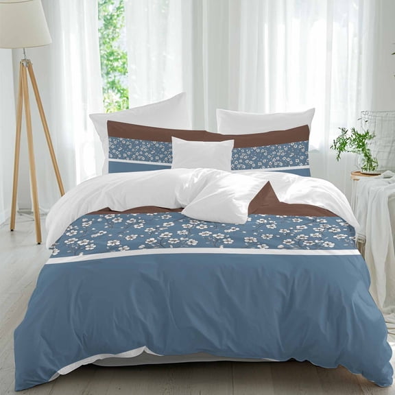 3 Piece Blue Brown Flowers Duvet Cover Set Queen Size, Microfiber Comforter/Quilt Cover with Corner Ties and 2 Pillowcases, Classic Botanical Art Elegant All Season Soft Bedding with Zipper Closure
