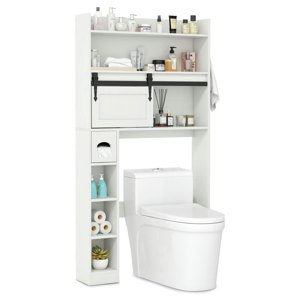 Finihen Toilet Storage Cabinet, Bathroom Cabinet Organizer, Over The Toilet Storage Cabinet with Sliding Barn Door and Adjustable Shelves, for Bathroom, White