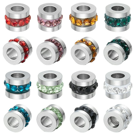 32Pcs 8 Colors 304 Stainless Steel Rhinestone Beads Column Mixed Color 7x5mm Hole: 3mm 4pcs/color