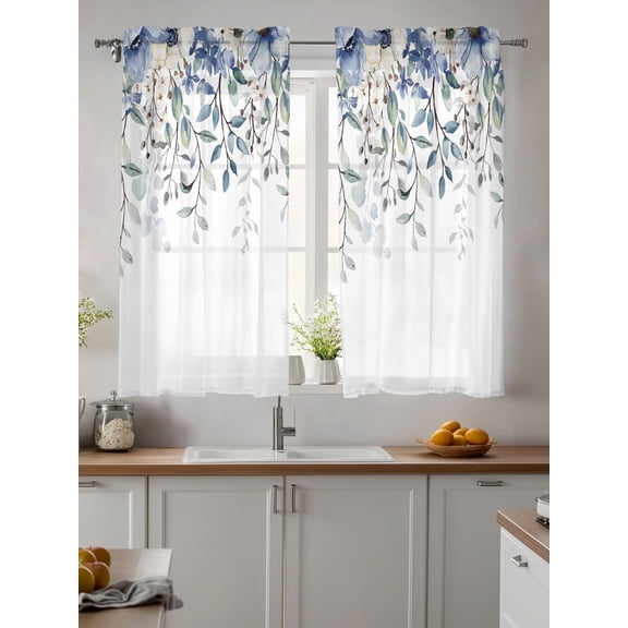 Blue Eucalyptus Sheer Kitchen Tier Curtains 45 Inch length,Rod Pocket Half Curtains & Drapes,Farmhouse Flowers Leaf White Watercolor Chiffon Cafe Bathroom Window Treatments 2 Pcs 27.5"W x 45"L