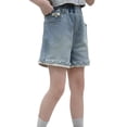 thumbnail image 5 of Ruyang Tween Girls Distressed Raw Hem Denim Shorts Teen Girls Elastic Waist Straight Leg Jean Shorts Kids Y2k Summer Denim Shorts, 5 of 9